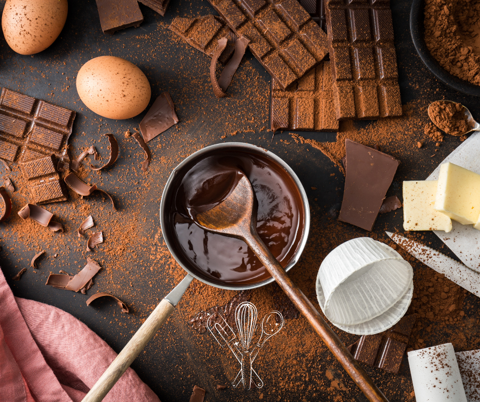 Cocoa and chocolate in a bowl with eggs